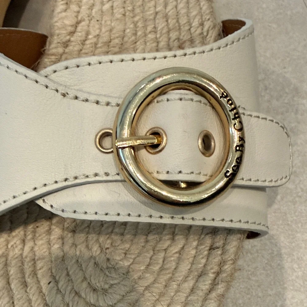 See By Chloe Cream Espadrille Slides with Gold Buckle